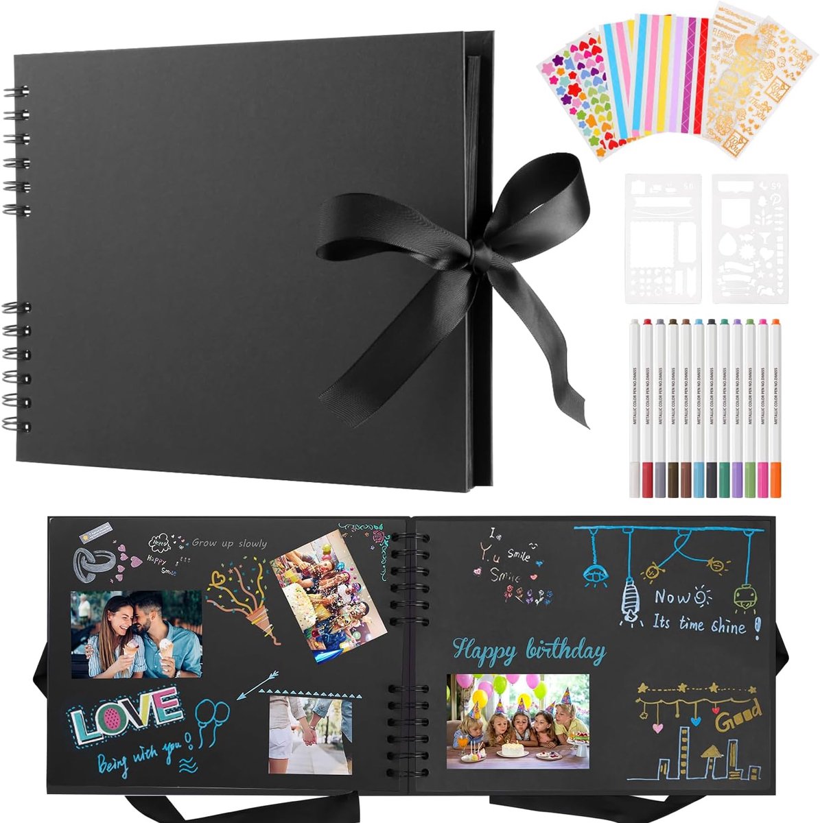 Aanpasbaar Scrapbook Fotoalbum met 12 Metallic Marker Pennen, 80 pagina's zwart karton met stevige harde kaft en roestvrije binding, speciaal aanpasbaar cadeau voor uw dierbaren (z
