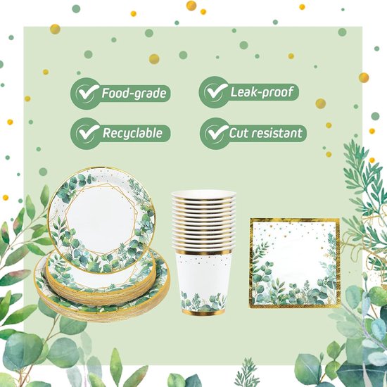 Salie Groene Papieren Borden Servetten Bekers Set, 96 Stuks Groen Goud Party Servies, Wegwerp Borden Baby Doucheborden Cups en Servetten voor Verjaardagsfeestbenodigdheden, Babyshower, Jungle Safari — afbeelding 4