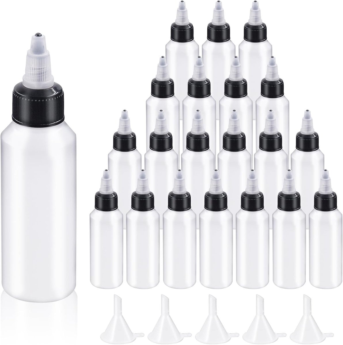 25-delige set heldere dispenserflessen met kleine trechters, 60ML lege knijpflesjes met twistdop, Boston LDPE kunststof fles, voor vloeistoffen zoals inkt en oliën, plastic knijpflesjes