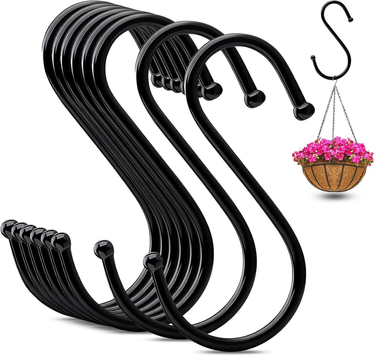 S-haken, S-haken van roestvrij staal, 12 cm grote keukenhaken, voor het ophangen van kopjes, potten en kommen, geschikt voor woonkamer, badkamer, tuin (zwart)