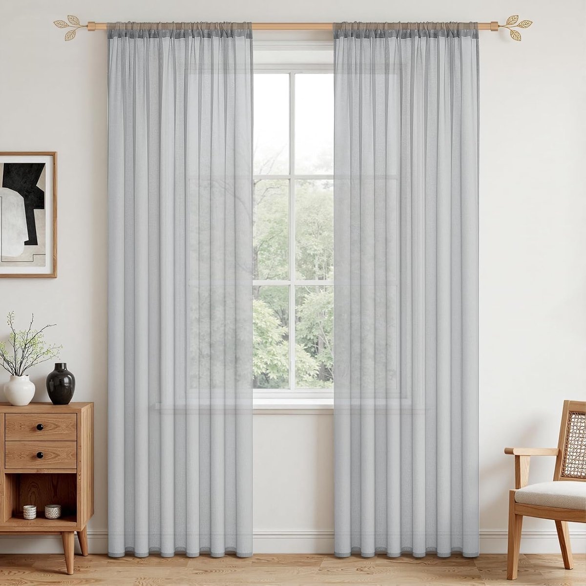 Voile gordijnen met oogjes, halftransparant, kort, linnenlook, voorhang, vitrage, grijs, 245 x 140 cm (h x b) voor woonkamer, slaapkamer, kinderkamer, set van 2