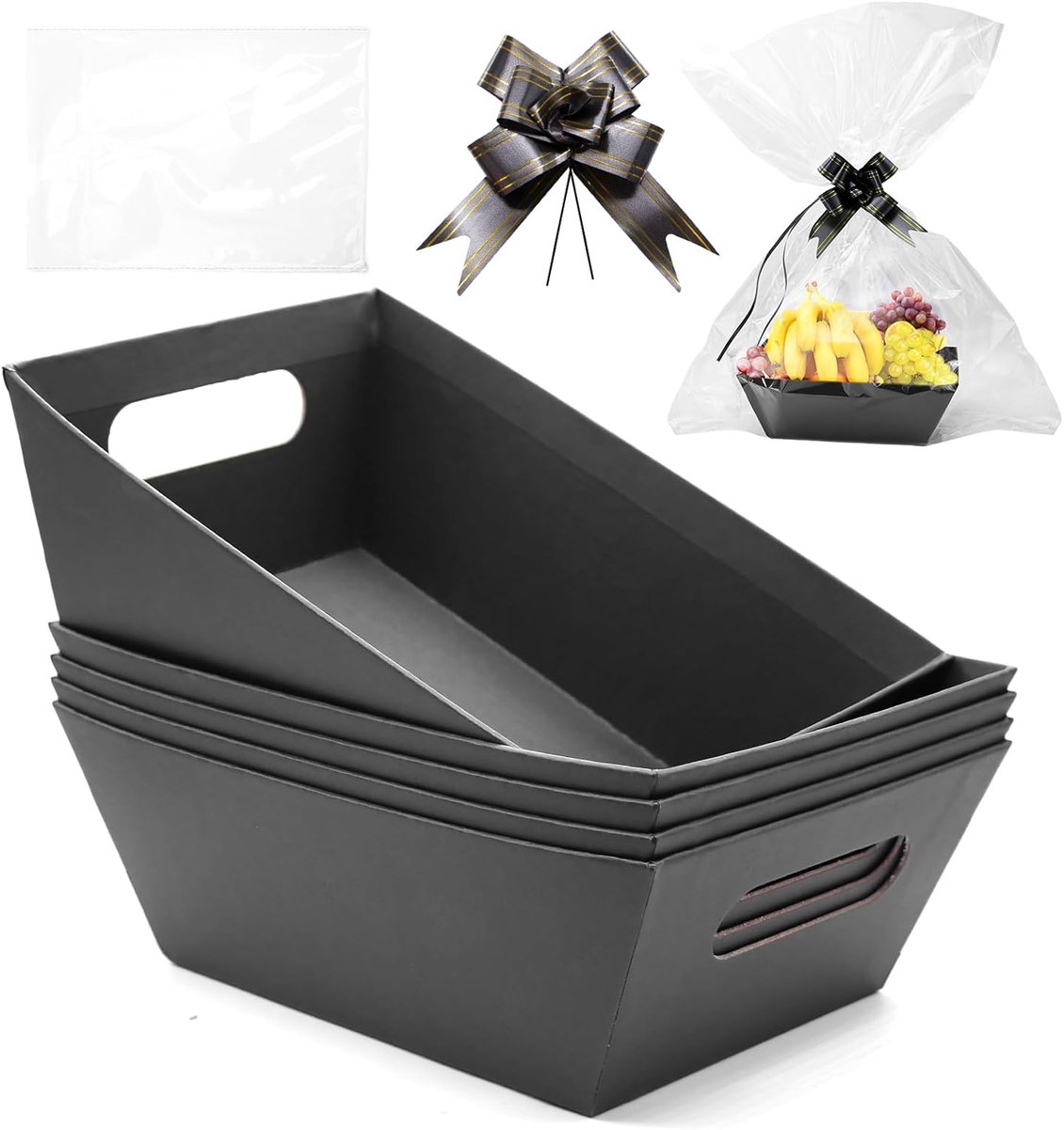 5 stuks geschenkmand, lege geschenkmand, papier met cellofaanzakken en trekstrikken, mand, cadeau, milieuvriendelijke kartonnen mand voor geschenken, feestdagen, verjaardagen (zwart)
