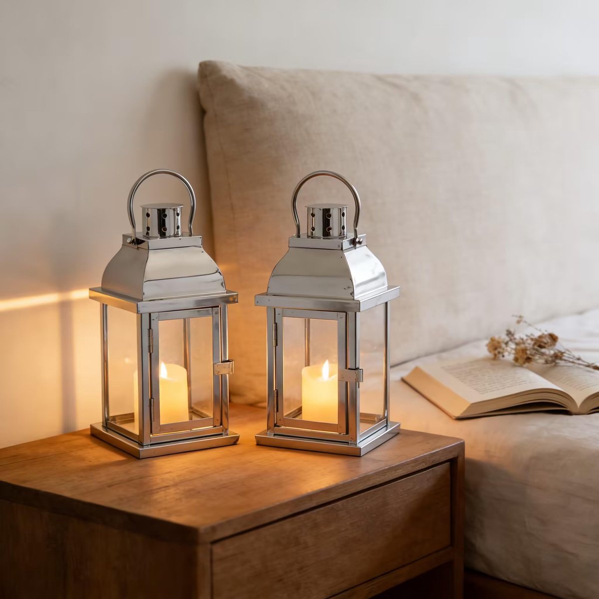 SnelShoppen - Set van 2 roestvrijstalen kaarslantaarns decoratieve buitenlantaarn kandelaar met gehard glas voor woonkamer tuin en feesten