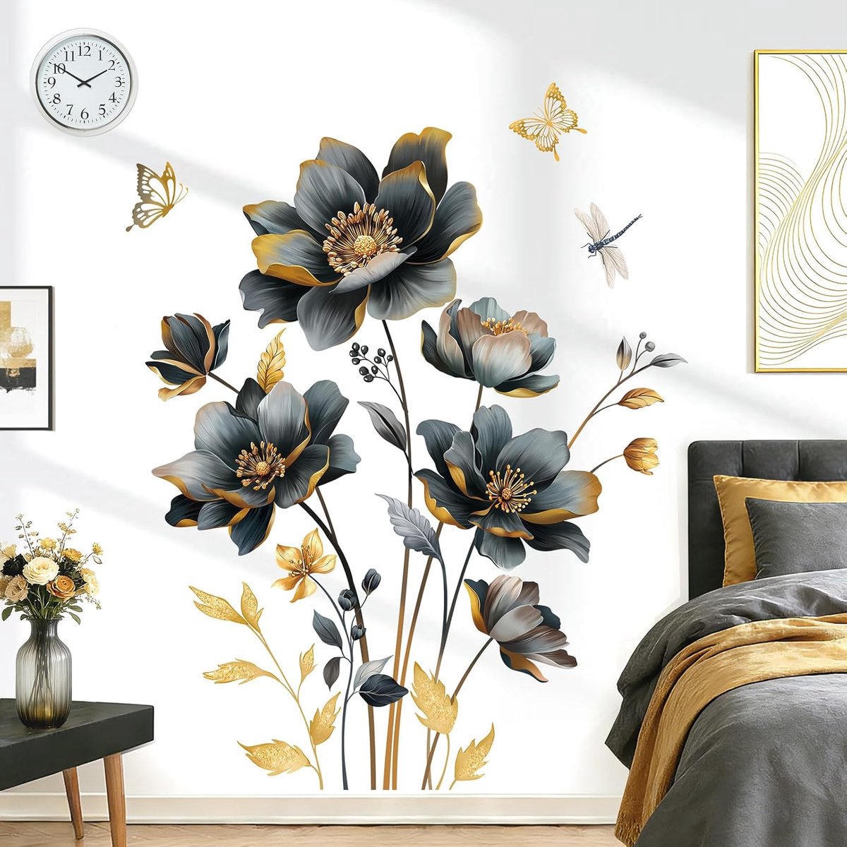 Muurstickers in vlindervorm voor woonkamer, slaapkamer, bank, TV-achtergrond Zwart en goud