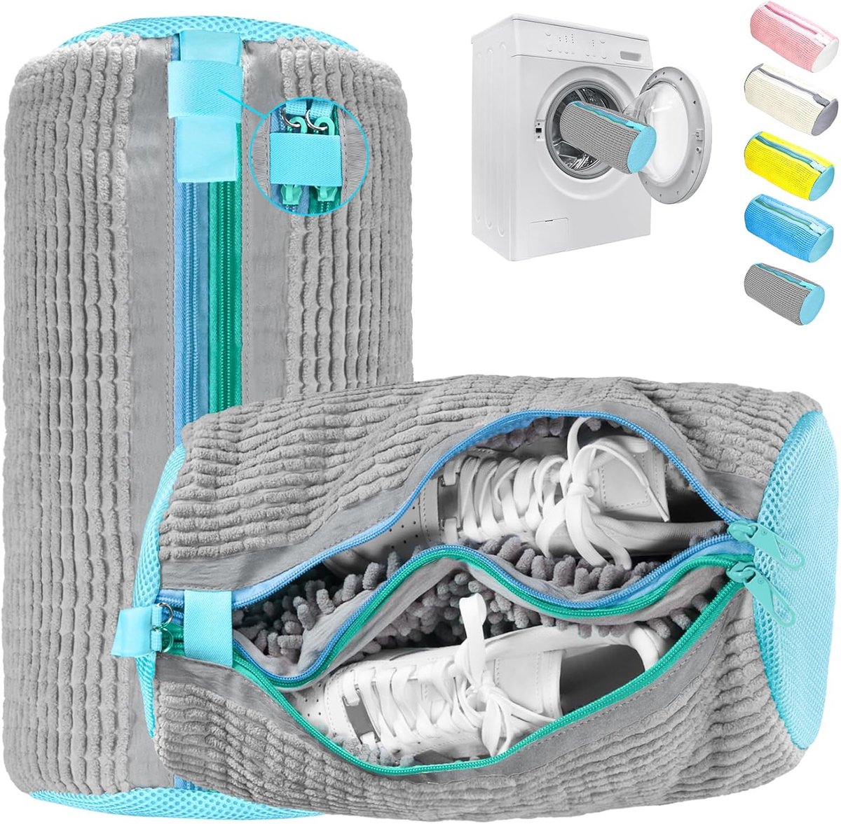 2-in-1 Schoenwaszak, Waszak voor Het Wassen van Schoenen in de Wasmachine met Dubbele Rits, 360°-Reiniging, Herbruikbaar, Waszakken met Verborgen Ritsen (Grijs)