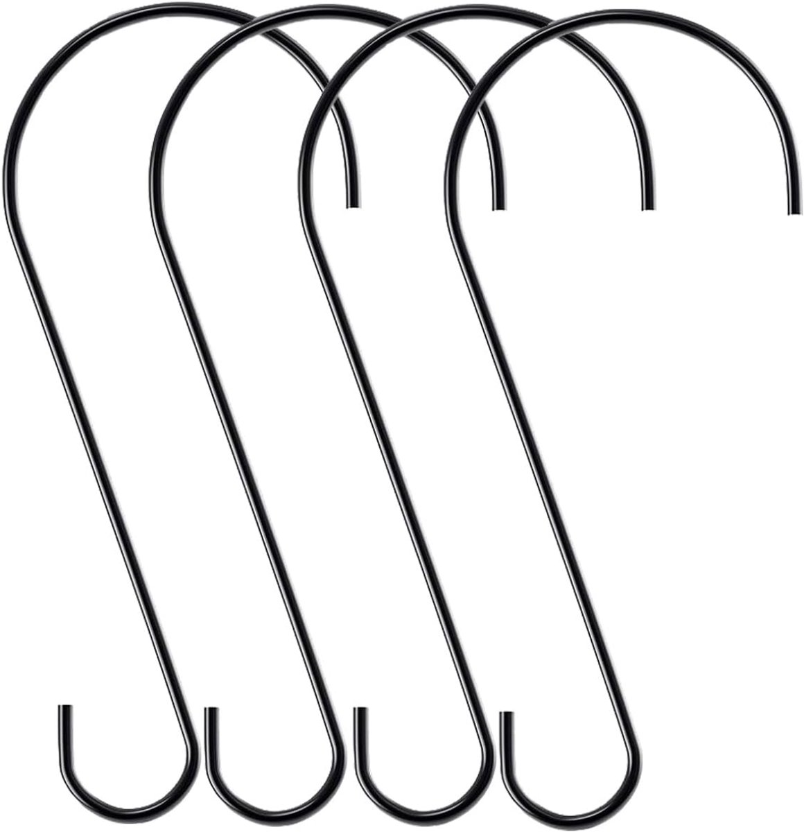 30 cm metalen S-vormige haak, 4 stuks boomtak lange haken, grote ijzeren hangers voor vogelvoeders, planten, manden, lantaarns, ornamenten (4, zwart)