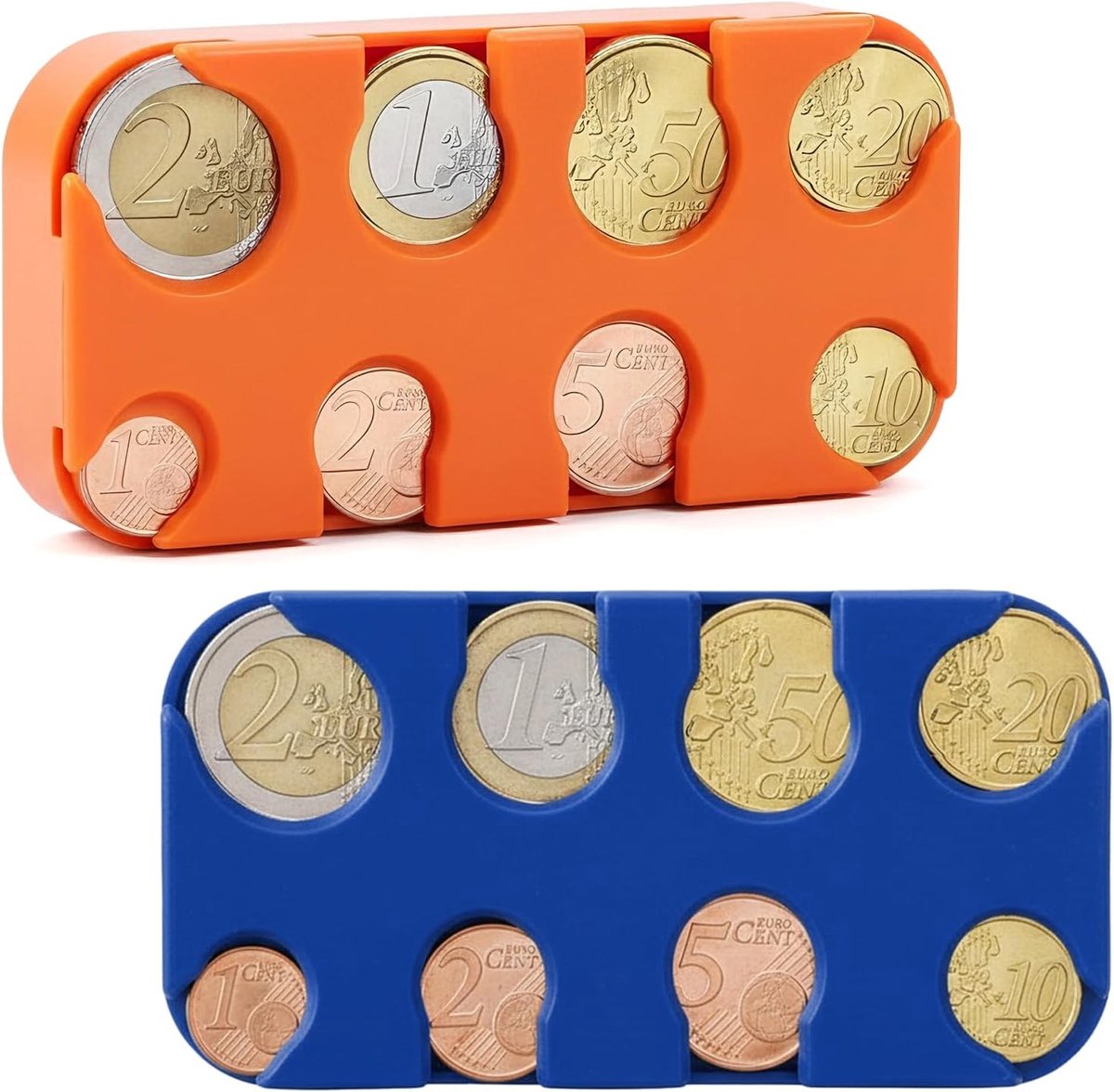 set van 2, muntensorteerder & kleingeld opslag voor auto en taxi, Euro munthouder, muntdispenser en muntenverzamelaar van kunststof, 8 vakken van 2 euro tot 1 cent (blauw + oranje)