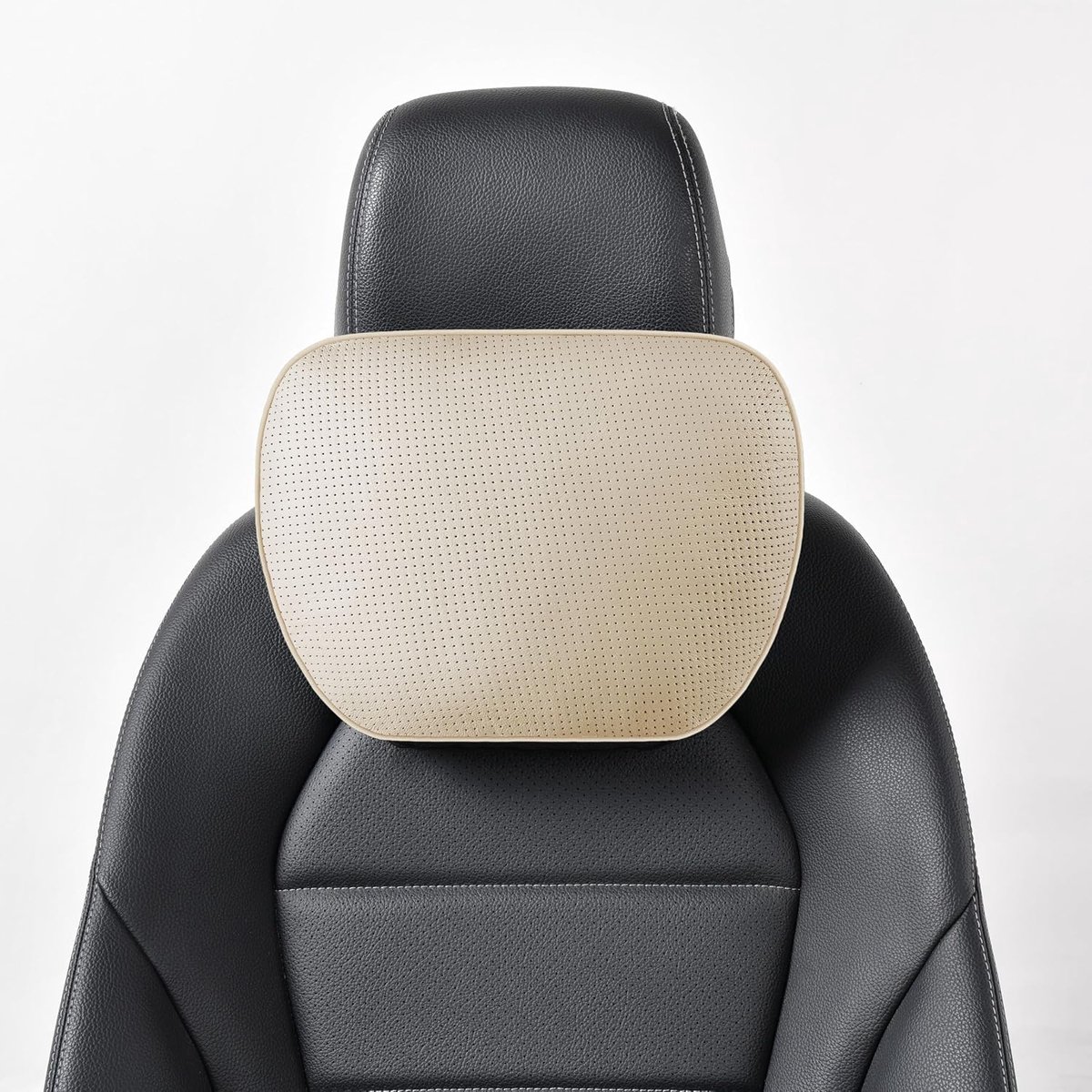 1P Echt rundleer nekkussen auto, hoofdsteun, auto neksteun, echt leer, steunkussen, op planten gebaseerd polyester, 30 x 19 cm (beige, 1 Stück Auto-Nackenkissen)