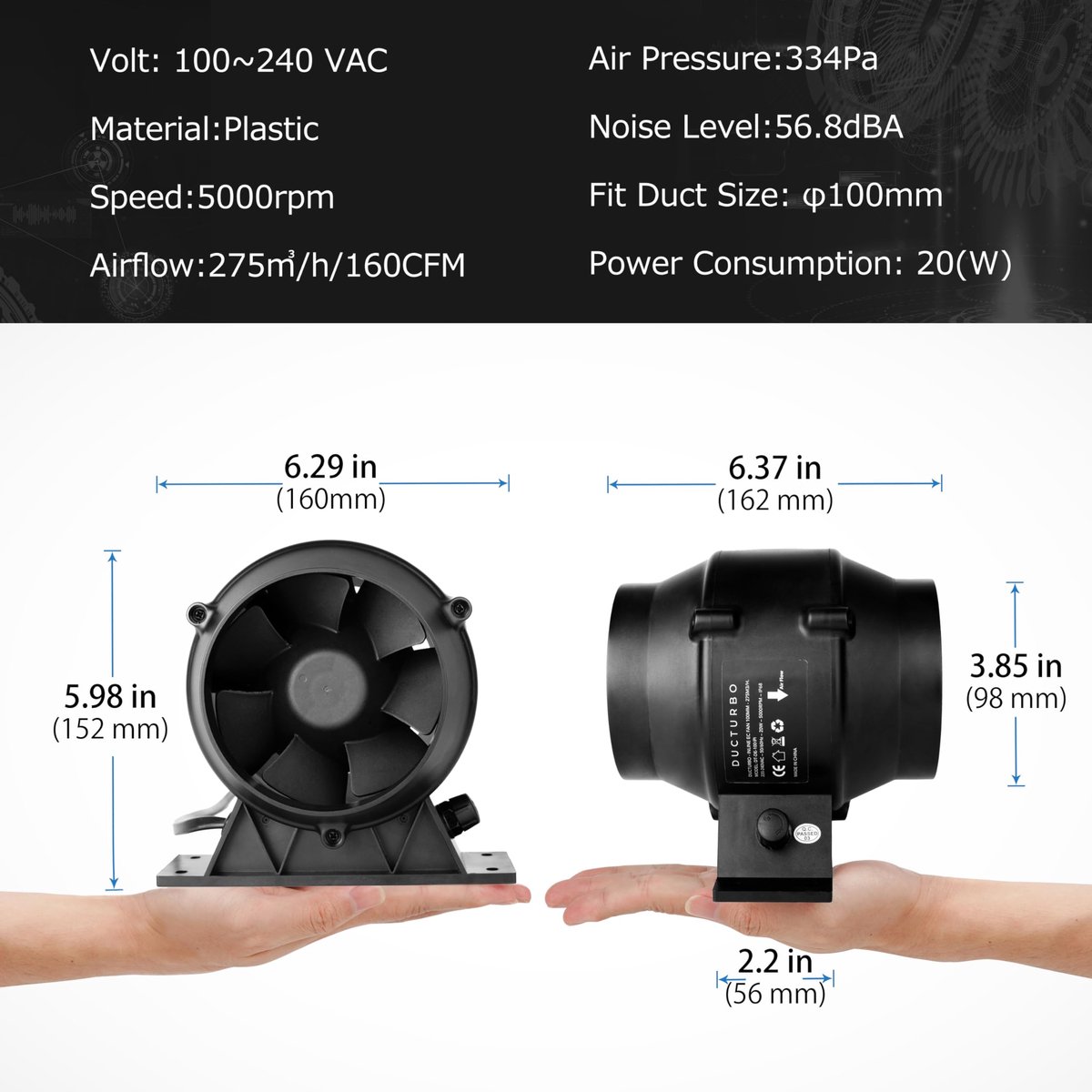 SnelShoppen - Ducturbo Buisventilator 100 mm Regelbaar 275 m³/u Plastic Inline Kanaalventilator Afvoerventilator Ideaal voor Groeitenten Ventilatie en
