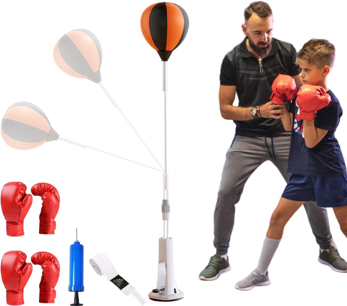 SnelShoppen - Bokszakstandaard 130-150cm Hoogte Verstelbaar, Staande Bokszak met Sterke Zuignappen, Inclusief 2 Paar Handschoenen en 1 Pomp voor Boksu