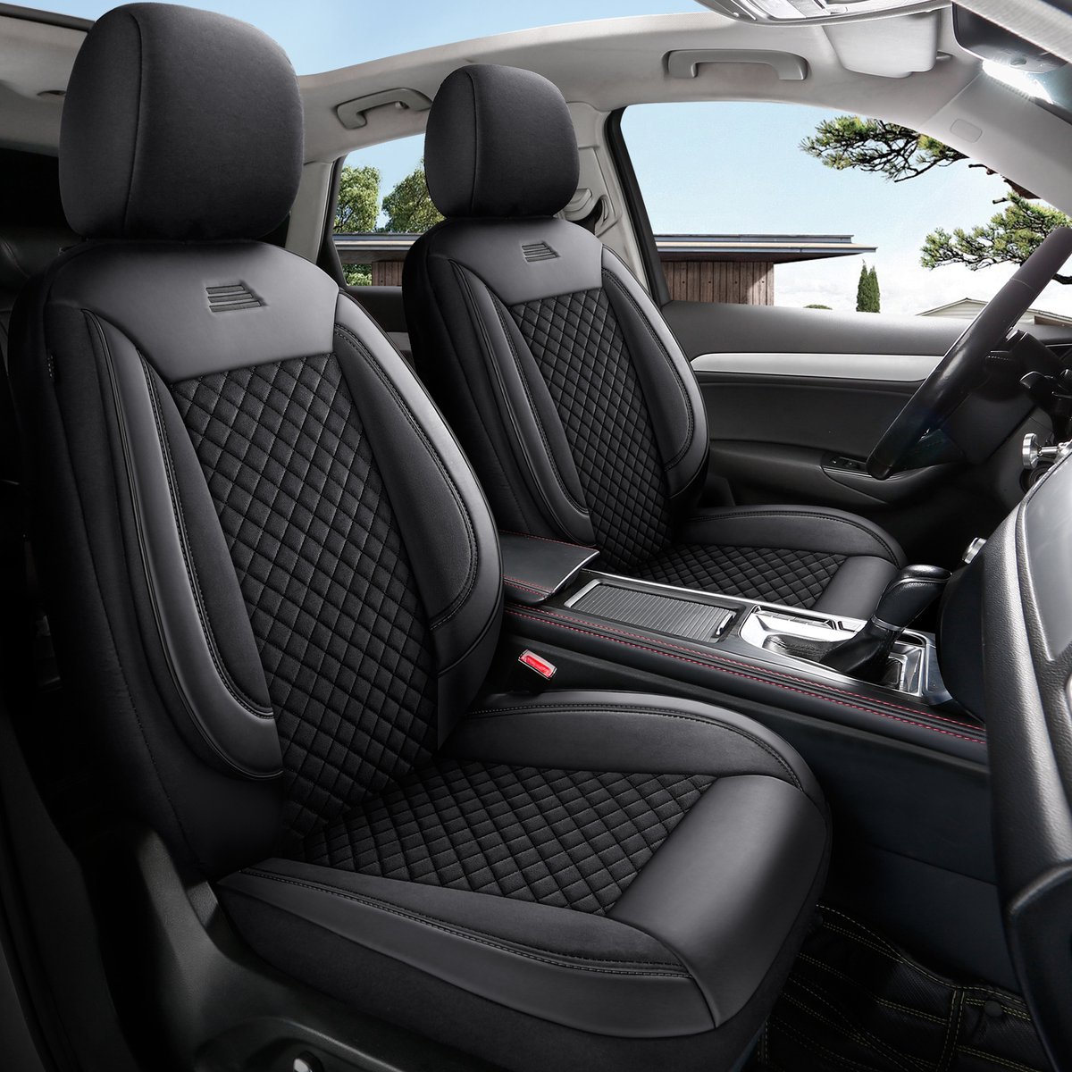 Autostoelhoezen voor Chevrolet HHR in pasvorm| Set van 2 stuks | Bestuurder + Passagiersstoel AIS Serie | AIS104 | Zwart met zwarte stiknaden
