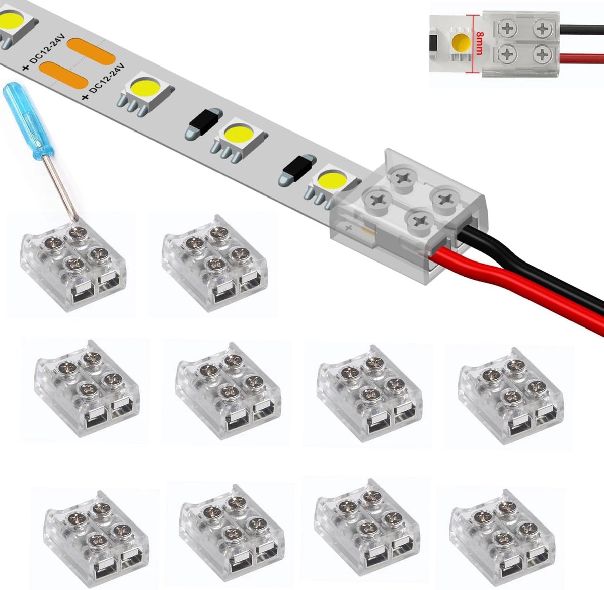 2-polig 8mm soldeerloos voor 5050 3528 eenkleurige LED-strips, snelle en eenvoudige strip naar draad verbinding, inclusief schroevendraaier, set van 10