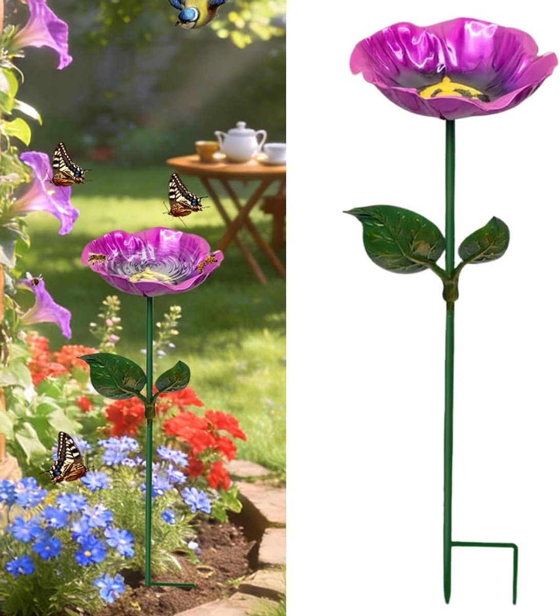 Bloemen Vogelbad, Extern Vogeldrinkbak op Voet, Bijenvoeding voor Tuin, Exterieur voor Insecten en Vlinders met Afneembare Voet, Tuin Terrasdecoratie (Paars)