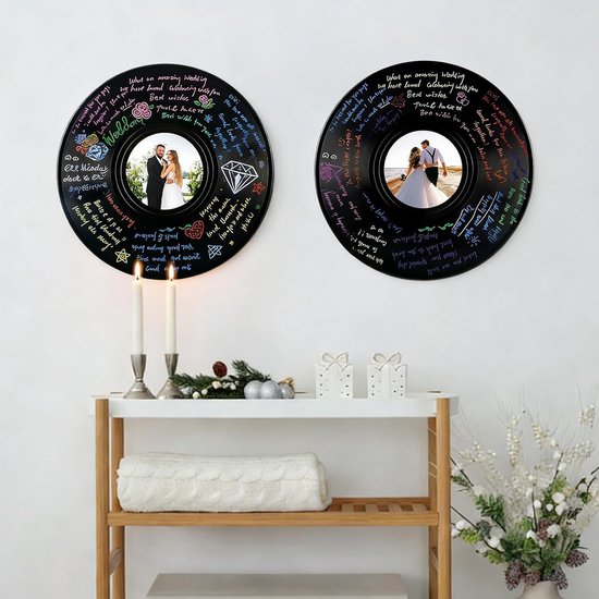 2 stuks Gastenboek Vinyl Plaat Alternatief voor Bruiloftsgastenboek Gepersonaliseerd Foto Gastenboek Alternatief met Pen en Houder voor Huwelijksdag, Verjaardag, Feest, Babyparty — afbeelding 5