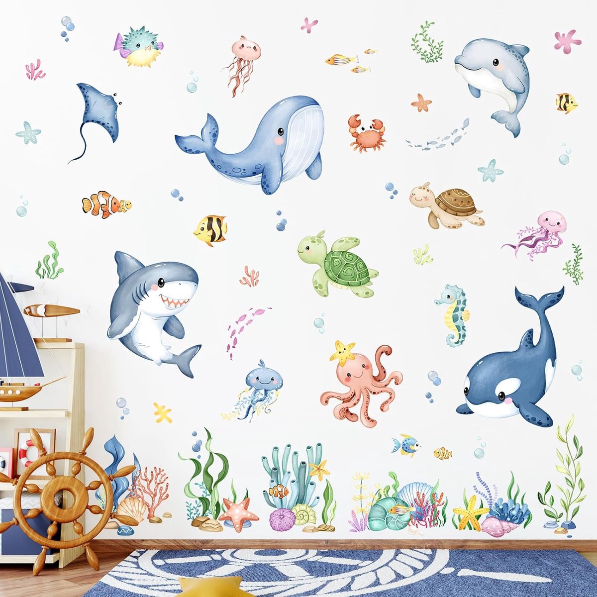 9 vellen muursticker onder de zee muursticker onderwaterwereld met walvis haaien dolfijnen schildpadden oceaan doe-het-zelf muursticker voor kinderkamer, badkamer, babykamer, slaap