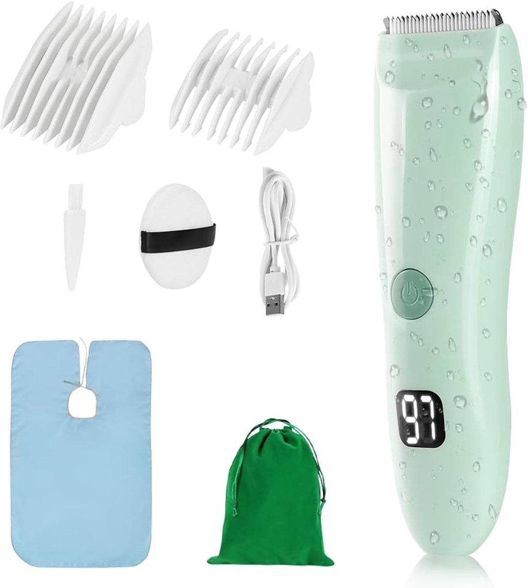 Tondeuse voor baby's, waterdicht, oplaadbare draadloze tondeuse met lcd-display, 2 geleidingskammen, stille kindertondeuse, tondeuse voor baby's (groen)