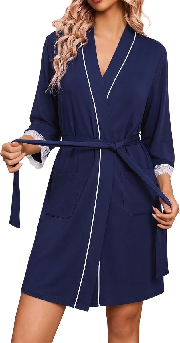ochtendjas lichtgewicht kant manchet zomer gewaden 3/4 mouw dames korte badjas met zakken spa hotel loungewear S-XXL