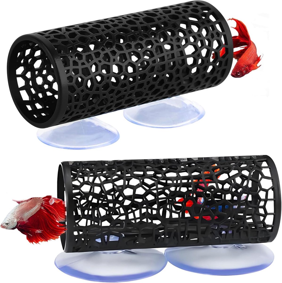 2 stuks zwarte Betta aquariumdecoratie, Betta aquarium accessoires decoratie met zuignap, verborgen decoratie habitat speelgoed voor garnalen kweek kleine vissen spelen en rusten
