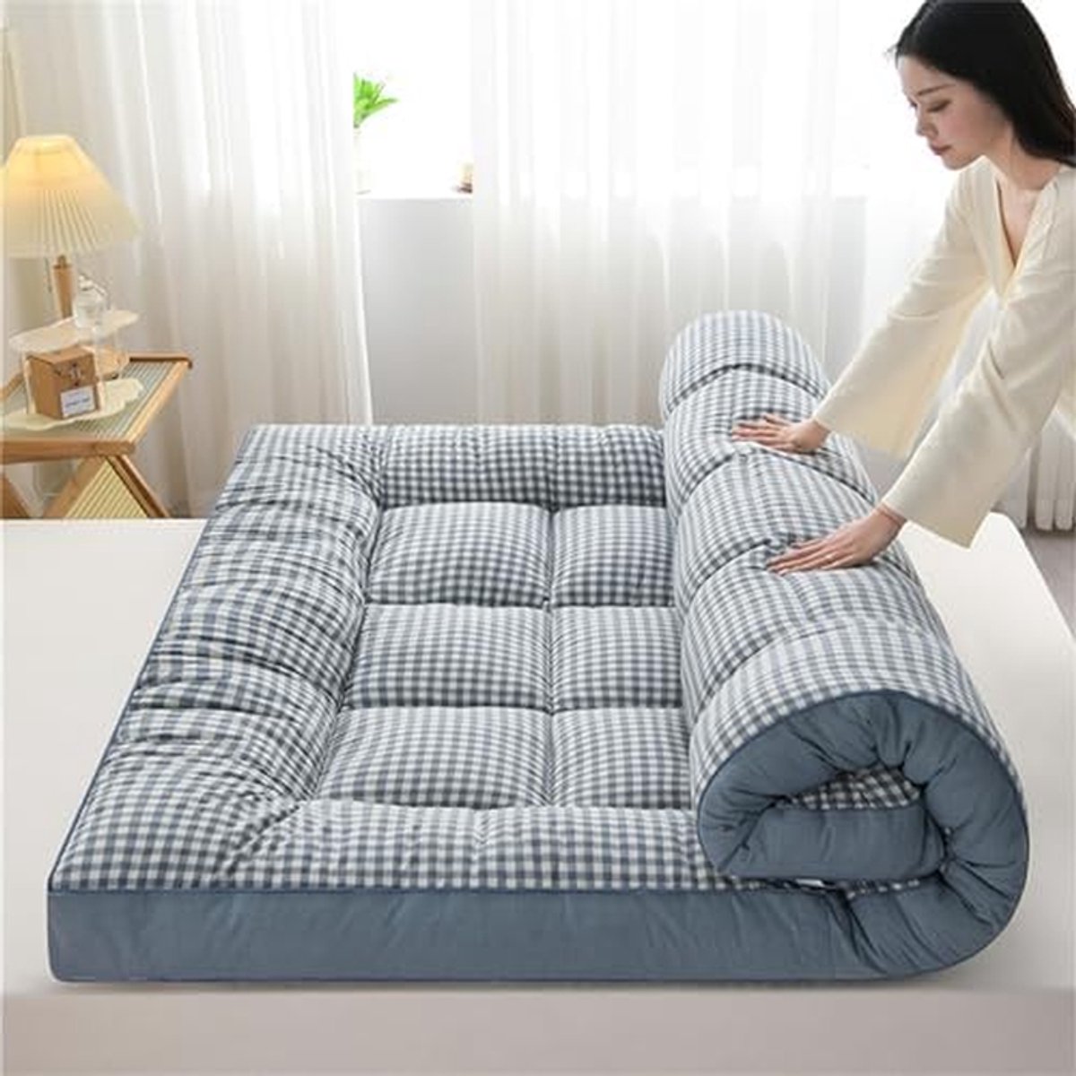 Japanse Vloermatras - Futon Matras Extra Dik - Logeren en Ontspannen - Ademend en Vochtregulerend - 200x220cm - Blauw