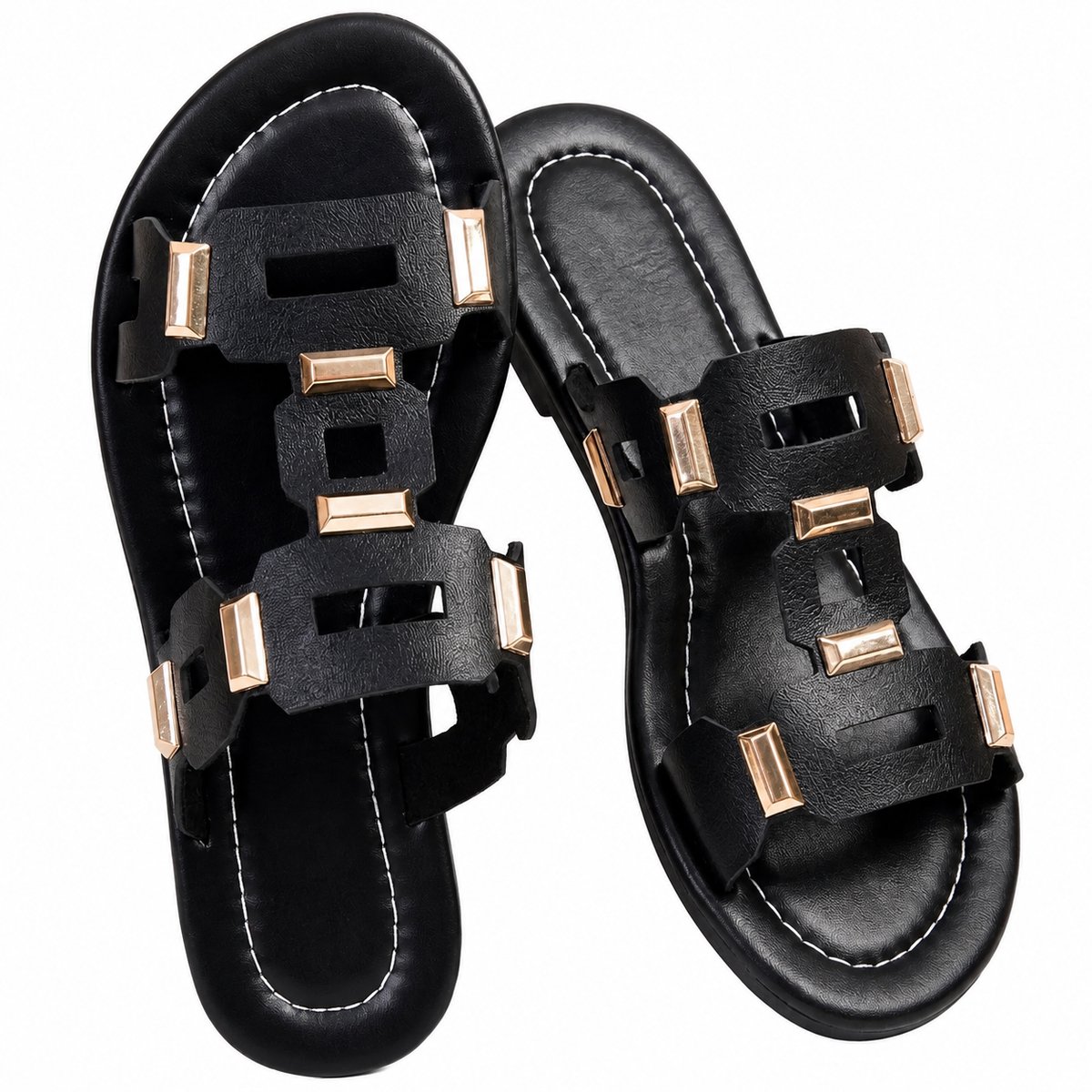 Zwarte dames slippers platte instap sandalen open teen met goudkleurige metalen details casual zomer slippers voor strand vakantie en dagelijks gebruik maat 36