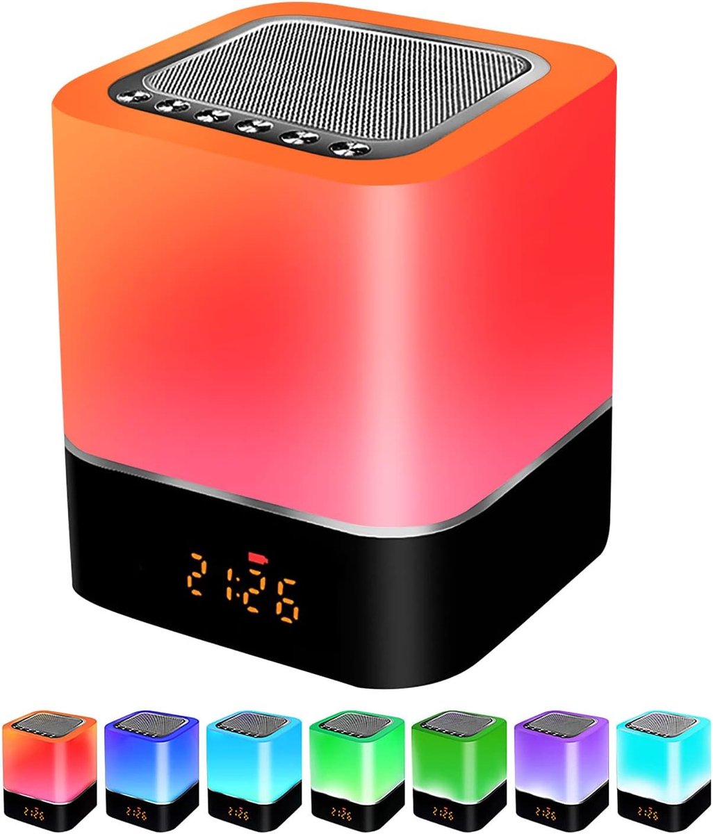 LED Night Light with Alarm Clock, Bluetooth Speaker, Touch Sensor, Bedside Lamp Dimmable, RGB Multicolor Table Lamp - ShopVlot