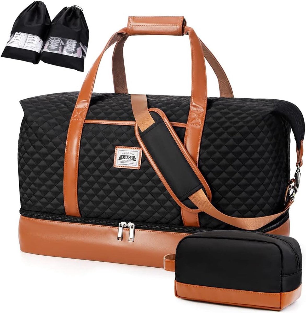 SnelShoppen - Reistas Dames 50L Weekendtas Dubbel Waterdicht Vak Toilettas & Schoenenhoesjes Zwart Gewatteerd L Klassiek