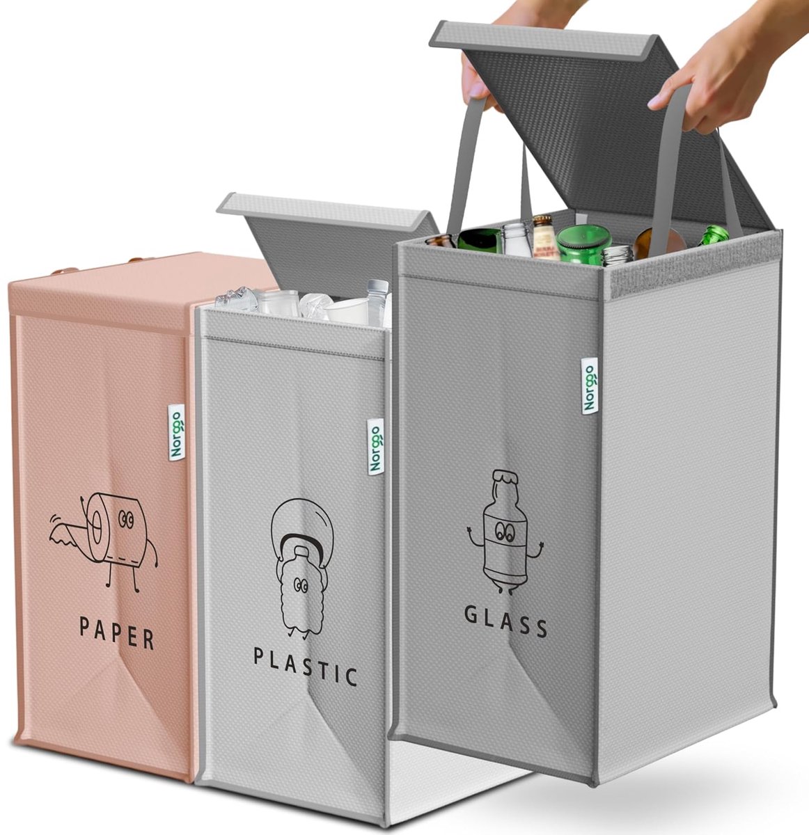 SnelShoppen - Recycling Afvalbakken Set van 3x40L voor Plastic, Papier en Glas - Duurzame Afvalemmers met Kleurige Recycling Zak - 3 Compartimenten Af