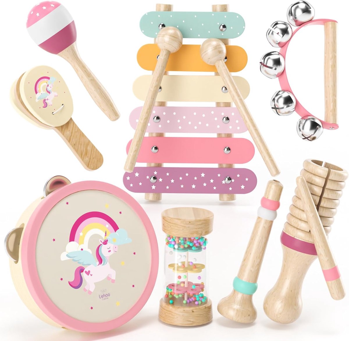 SnelShoppen - Lehoo Kasteel Muziekinstrumenten voor Kinderen v.a. 1 Jaar, Houten Montessori Speelgoed, Muziekset met Xylofoon en Trom, Perfect Cadeau