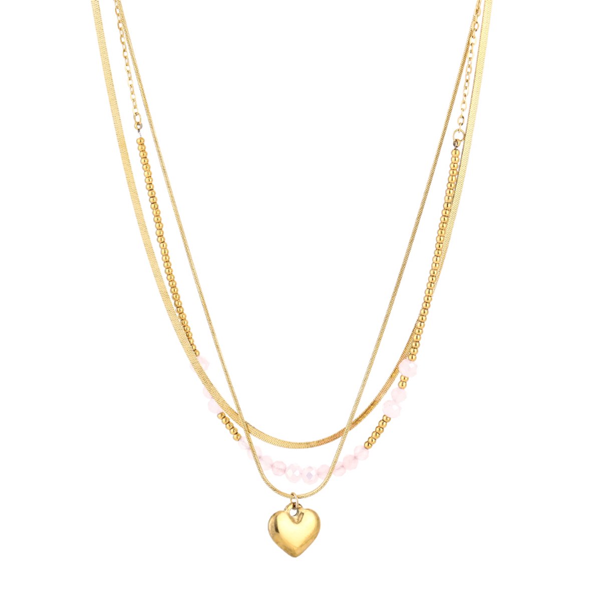 Dubbele Ketting Dames met Hartje & Kralen - Roestvrij Staal (RVS) - Layered Ketting 2-in-1 met Hart Hanger - Slangenketting met Fine Beads 40+5 cm - Sieraden Cadeau Vrouw - Roze