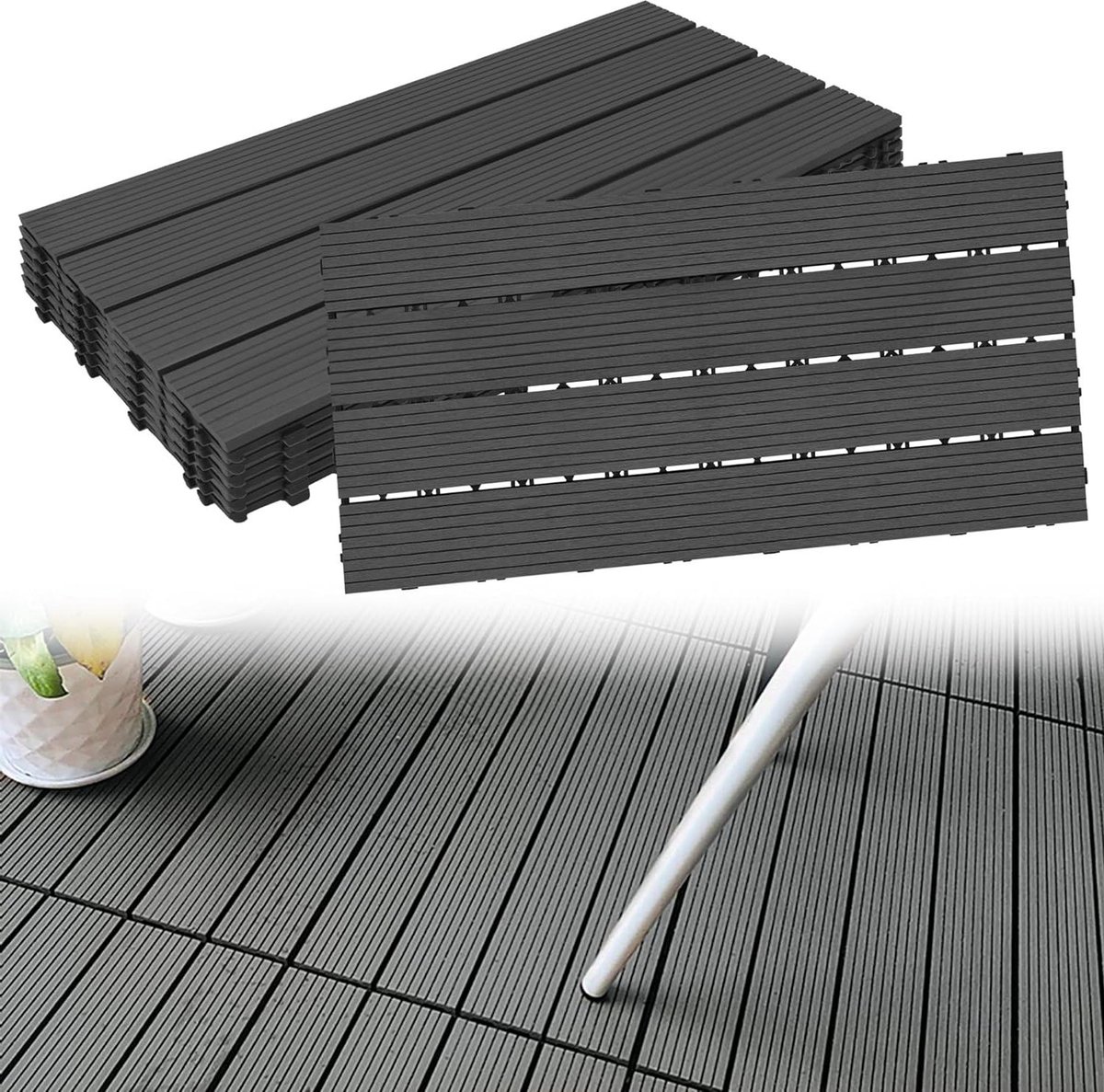 Terrasplanken Set - Kliktegels WPC - Buitenruimte Vernieuwen - Eenvoudige Installatie - 30x60 cm 6 Stuks - Antraciet