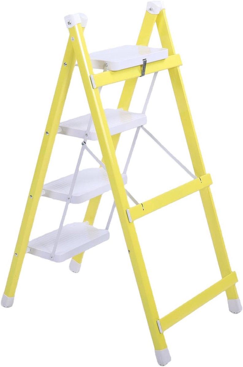 Vouwladder Koolstofstaal - Opstapje Keuken - Huishoudelijke Taken - Antislipprofiel - 17.3W x 2H cm - Geel Wit
