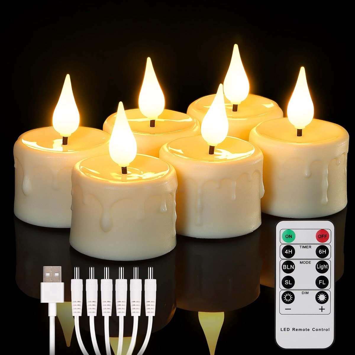 6 Oplaadbare led theelichtjes met timer, afstandsbediening, flikkerend, warmwit, dimbaar, elektrische kaarsen met USB-kabel, Halloween Kerstmis familiedecoratie, diameter 4 x 5,5cm