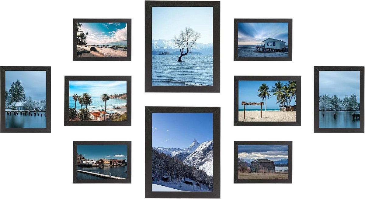 Lijsten, meervoudige fotolijst Zwart, Twee 20 x 25 cm (8 x 10 inch), Vier 13 x 18 cm (5 x 7 inch), Vier 10 x 15 cm (4 x 6 inch), collage fotolijst
