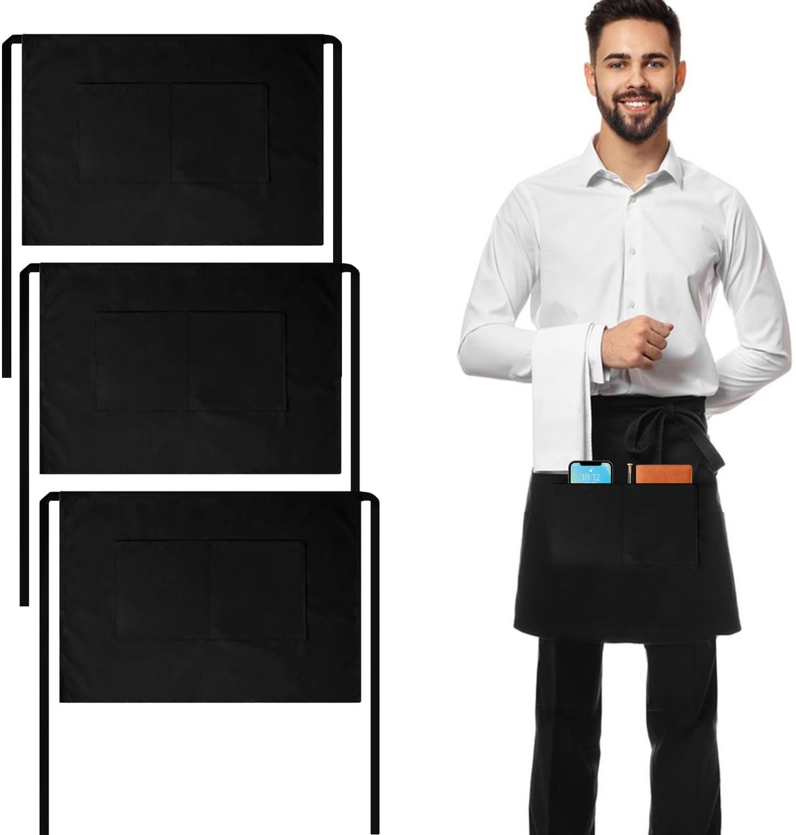 3 Stuks Voorbindschort Kelner Schort Zwart Schort Dames Heren Bistroschort Taille Schort Halflang Schort Kort Met Zakken Waterdicht Voor Koken Restaurant Tuin Bakken