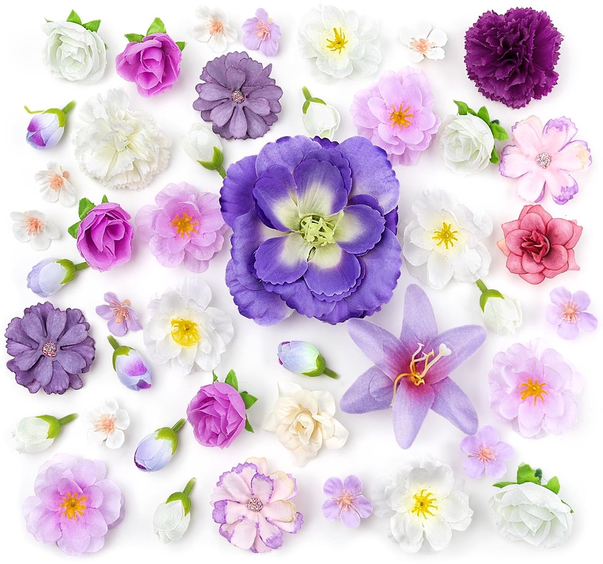 44 Stuks Kunstbloemhoofdjes, 16 Soorten Kleine Kunstbloemhoofdjes 1,7-9 cm, Mini Decoratieve Kunstbloemen voor Knutselprojecten, Nepbloemdecoraties DIY, Bruiloften (Paars Wit)