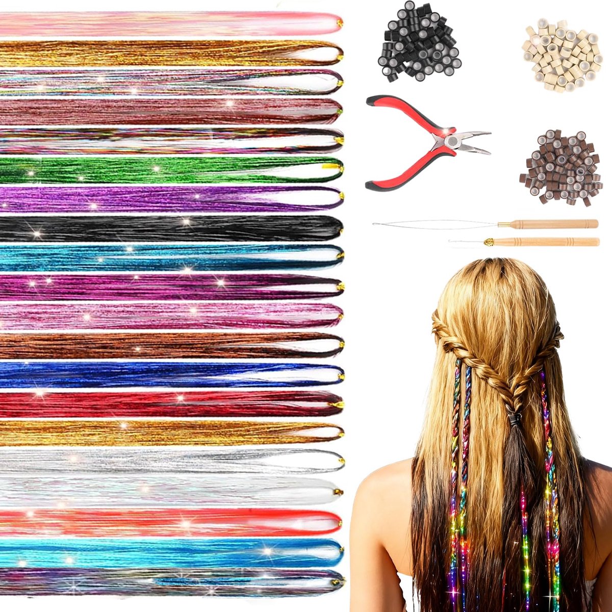 Haarverlengingset, haarstrengen voor kinderen, 50 cm, gevlochten haar, haarstukjes met 100 kralen, paardenstaart, vlechten, clip voor feestjes, highlights, haaraccessoires, haarstukjes voor