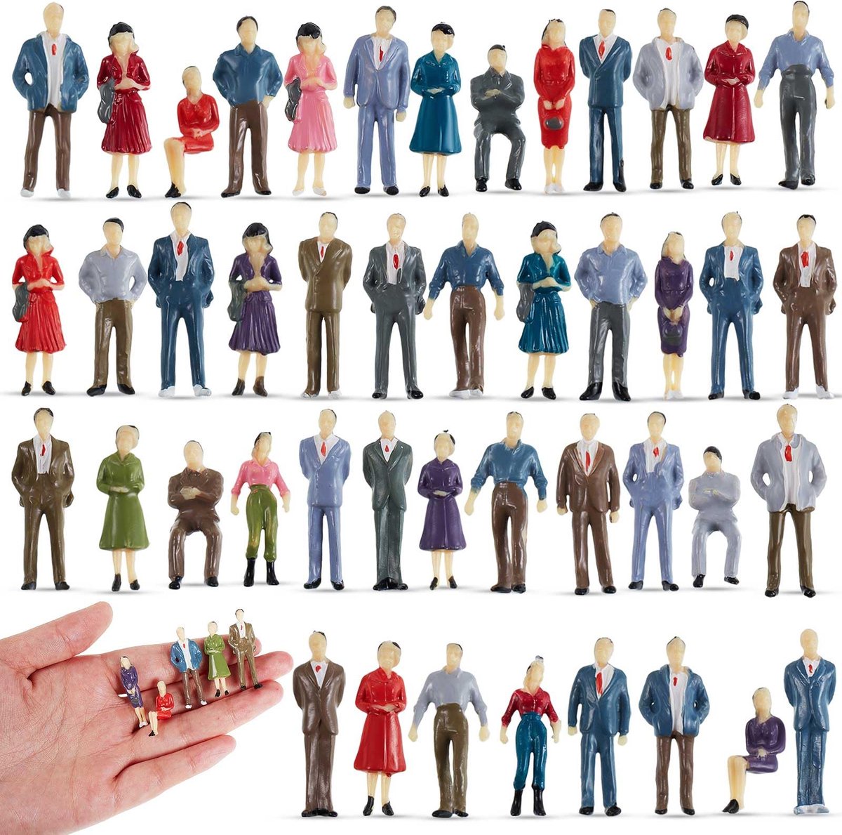 30 Mini mensenfiguren 1,38 inch 1:50 Miniatuurfiguren voor modelspoorwegen, geschilderd, zittend en staand (30)