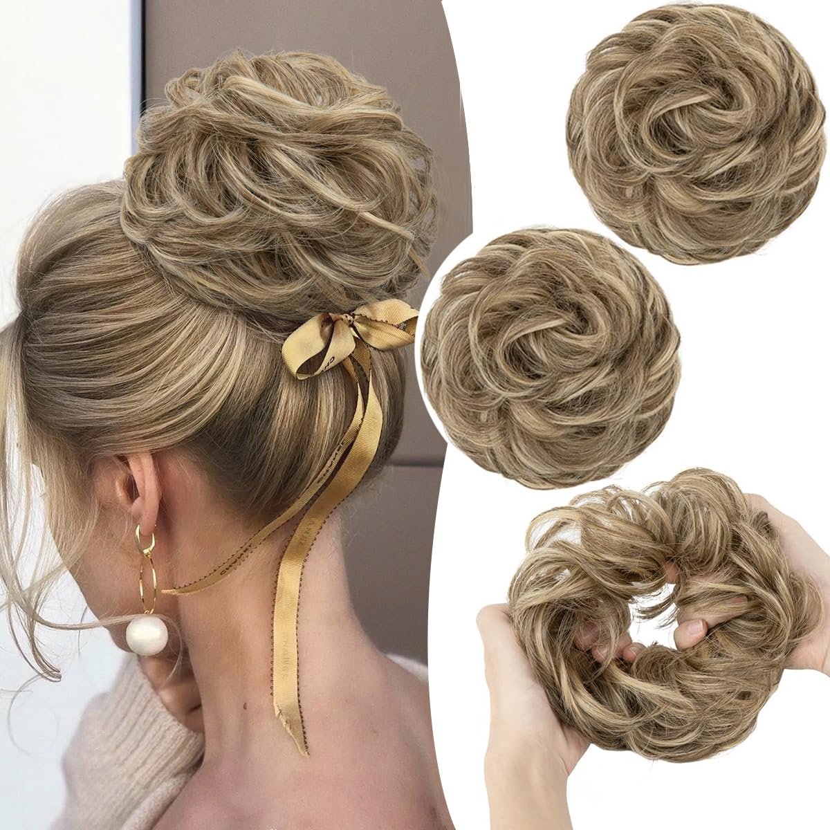 2 stuks haarstukje met elastiek, grote knot, haarstukje, krullend haarelastiek, haarverlenging, messy bun scrunchies, haarstukjes voor dames en meisjes, paardenstaart (bruine mix strandblond)