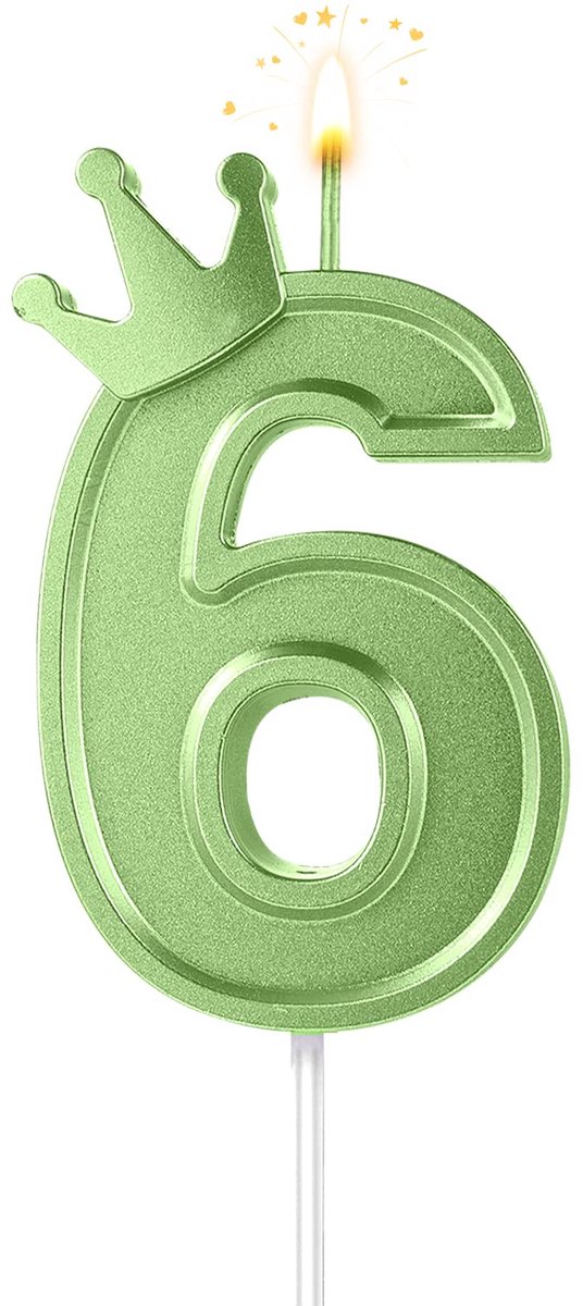 7,6cm Verjaardag Nummer Kaars, 3D Verjaardagstaart Nummer Kaarsen met Kroon Taartcijferkaarsen Nummer Kaarsen voor Verjaardag Jubileum Partijen (Groen; 6)
