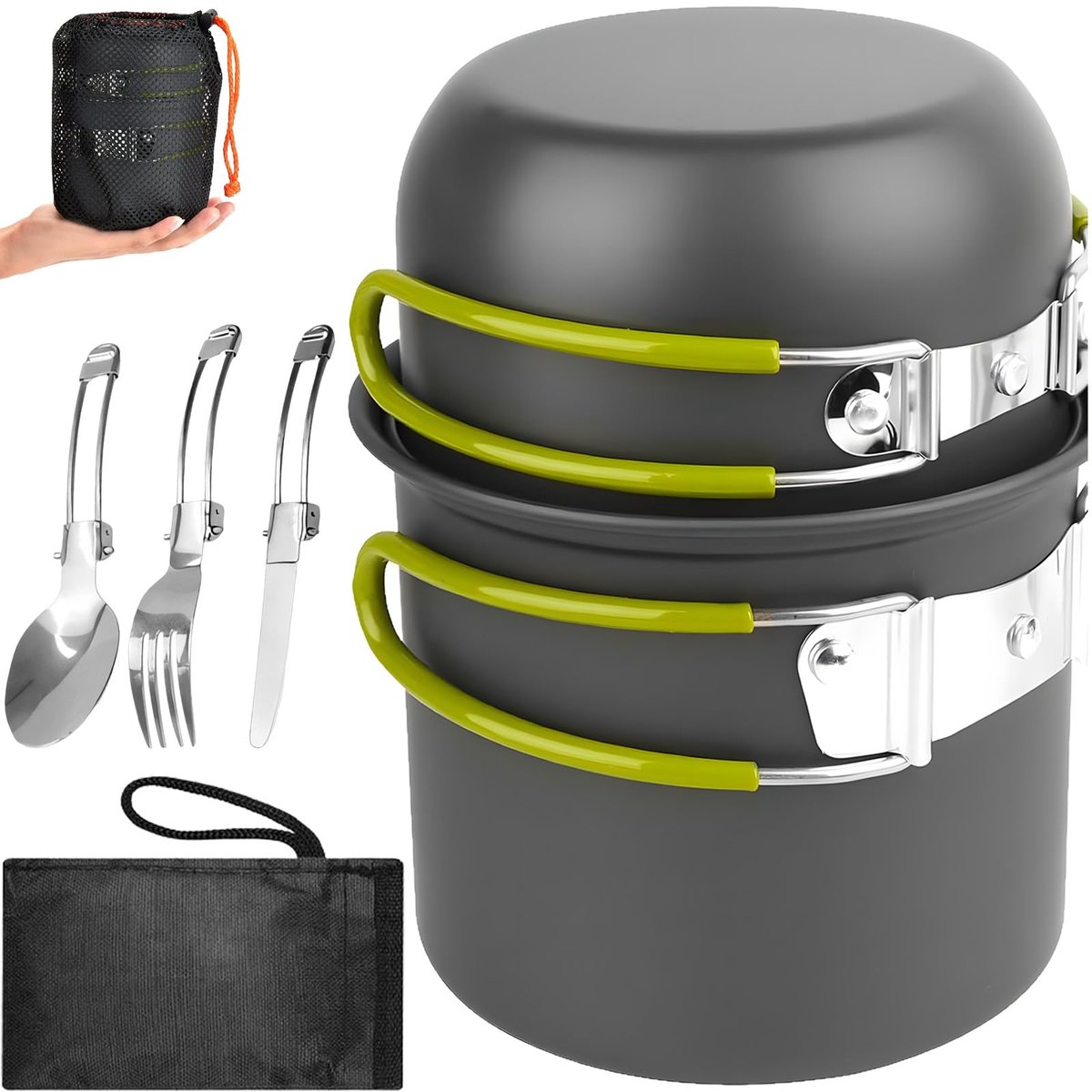 Campingkookgereiset met opvouwbaar bestek, aluminium campingkooktoestel voor 1-2 personen, draagbaar campingservies, outdoor gasfornuis, potten, lichte kookset voor picknick, reizen, wandelen, grillen