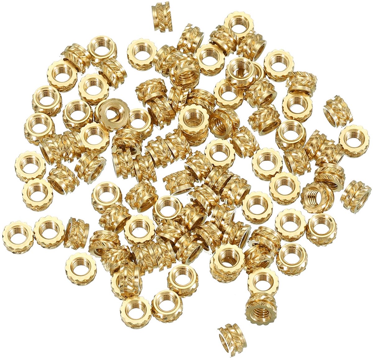 Draadinzetstukken M3 x 3 x 5 mm, 100 stuks messing verwarmingsinzetstukken vrouwelijke draadinzetstukken, metrische geribbelde moeren, inbedingsmoeren voor kunststof en