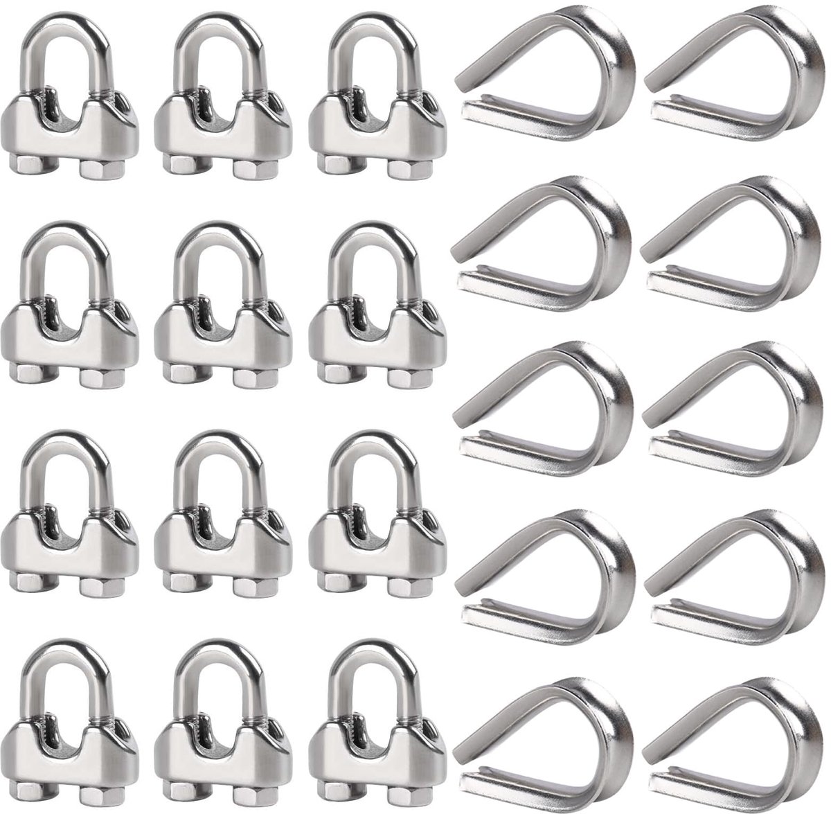 12 stuks 3/16 inch M5 draadkabelklemmen 10 stuks M5 draadkabel vingerhoedjes, 304 roestvrijstalen kabelklemmen kit voor 3/16 inch stalen kabelvingerhoedjes tuigage