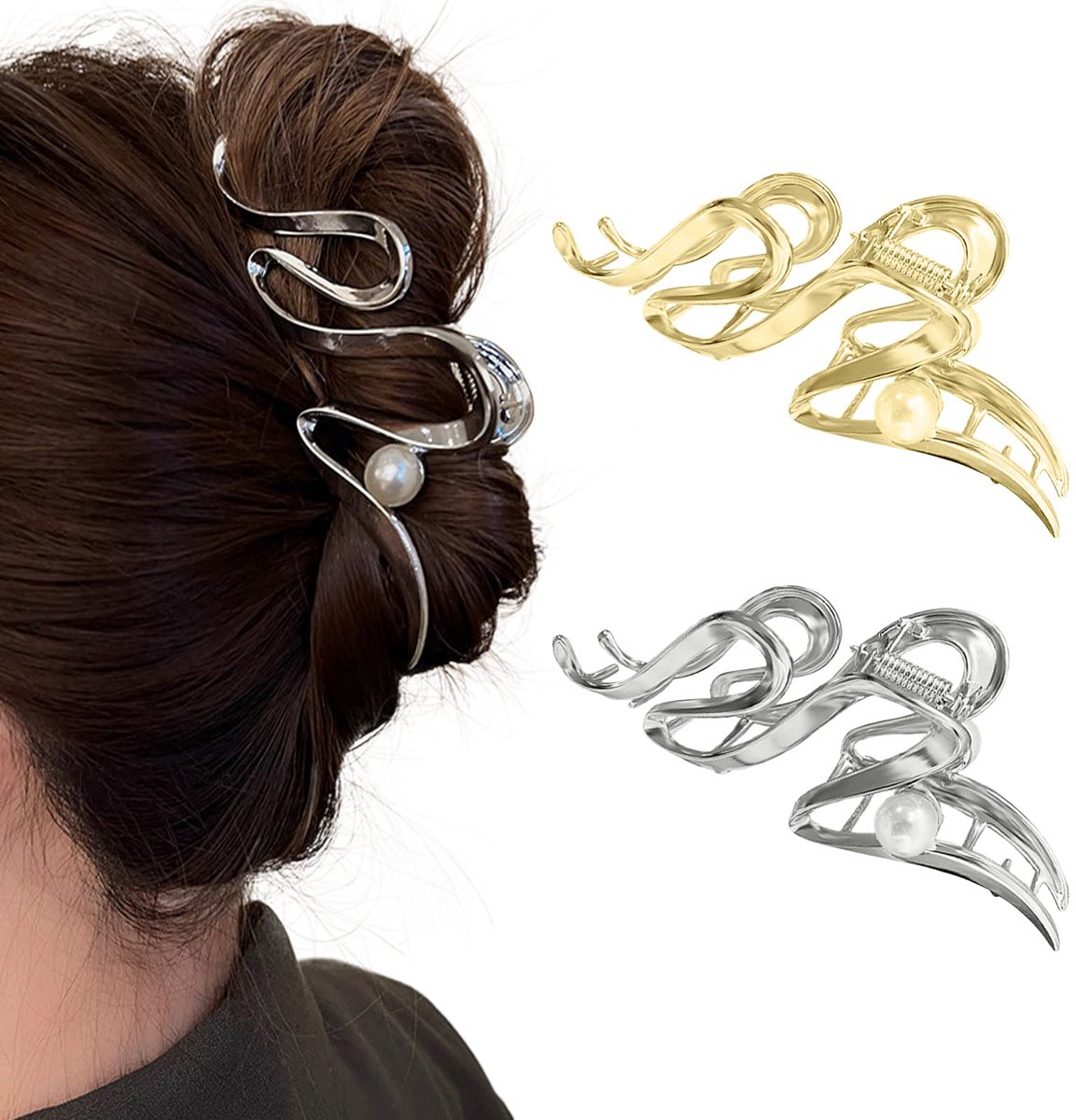 Haarklemmen, grote parelhaarspelden, antislip, metalen haarspelden, zilvergoud, haarklemmen, sterke grip, haaraccessoires voor dames en meisjes, haaraccessoires (2 stuks)