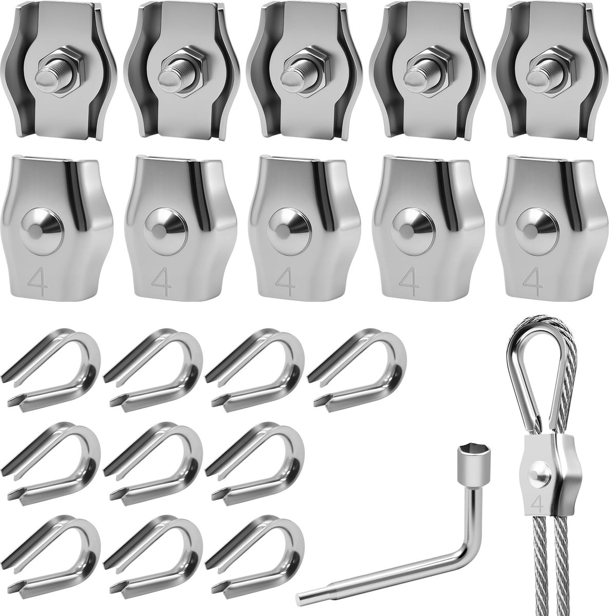 21 delige Kabelklemmen 4mm, M4 Staaldraadklem Set met 10 Draadklemmen 4mm & 10 Staaldraadkousen 4mm & Moersleutel, 304 Roestvrij Staal Staaldraadklem voor 4mm Staalkabel, Waslijn, Markieze