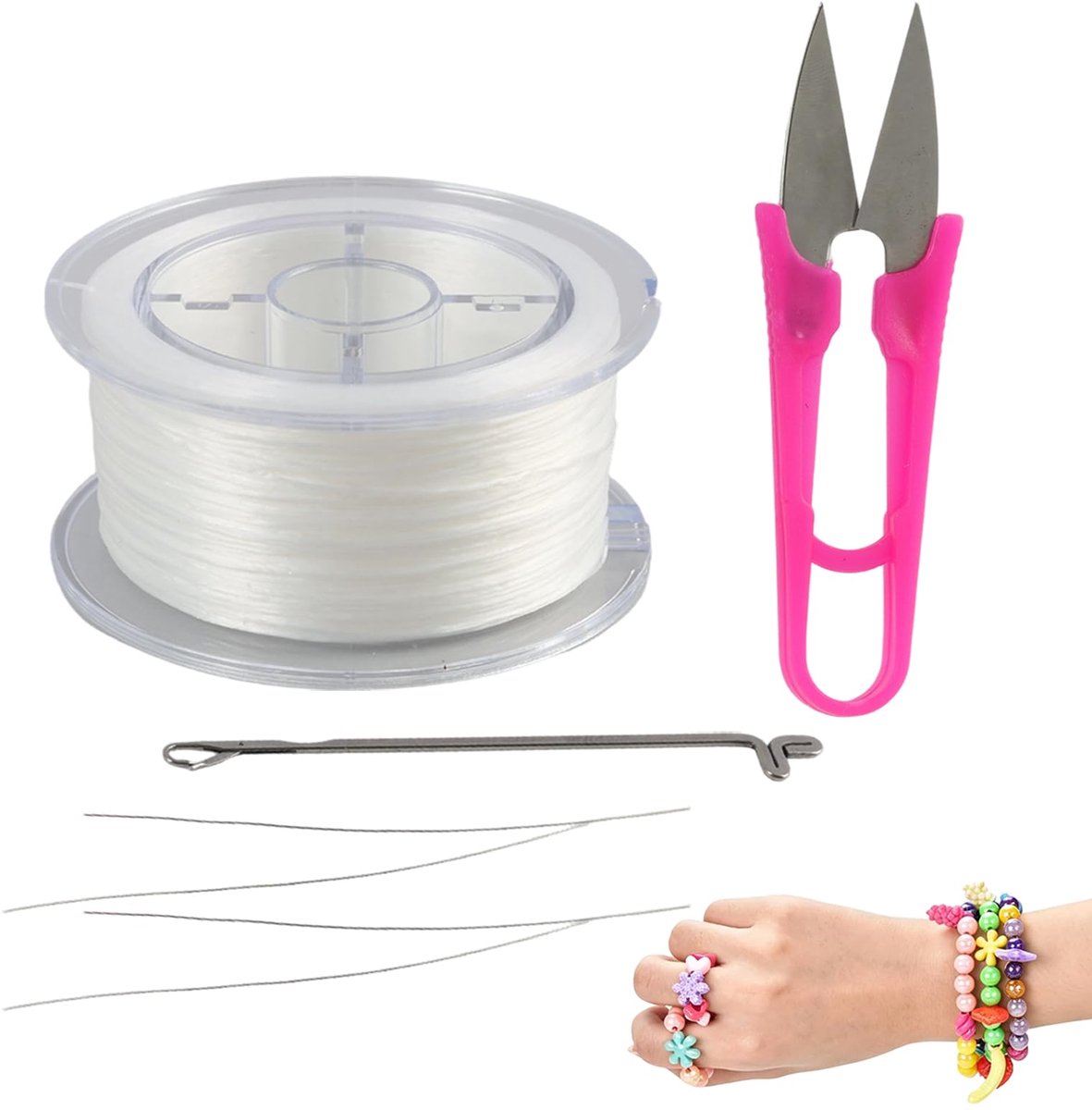 Elastische draad, transparant, hoge sterkte, draad voor armbanden, halskettingen, kralen en het maken van sieraden, elastisch nylon met schaar voor creatief handwerk