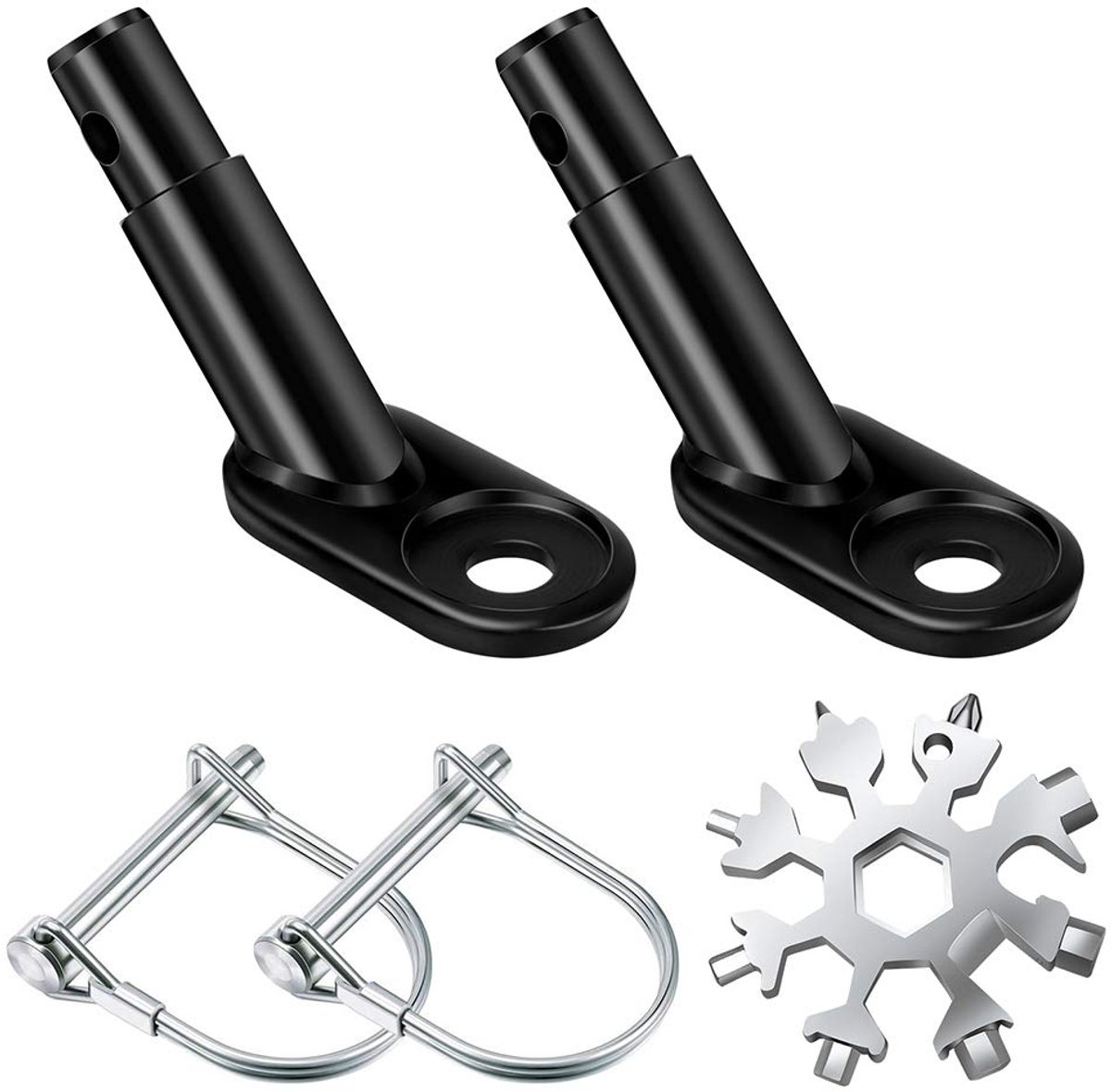 koppeling, 2 stuks fietstrekhaak met veiligheidspen voor kinderaanhanger, fietsaanhanger, hondenaanhanger, tractiekop met sneeuwvlok, multitool, 18-in-1