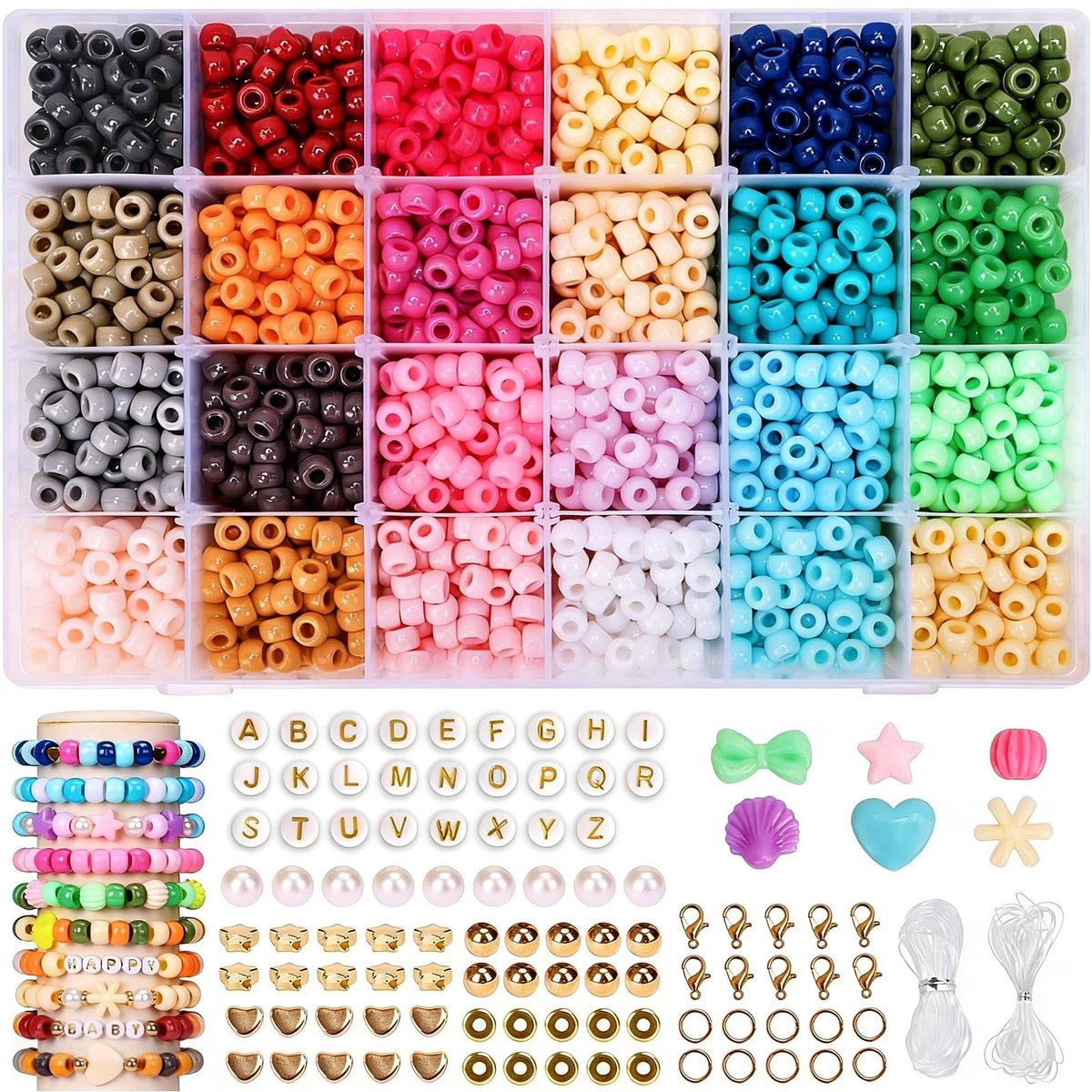 Kralen, 1080 stuks, 9 mm, kleurrijke kralen met groot gat in 24 kleuren, incl. letter- en motiefkralen, kralen voor armbanden zelf maken, knutselset voor vriendschapsarmbanden