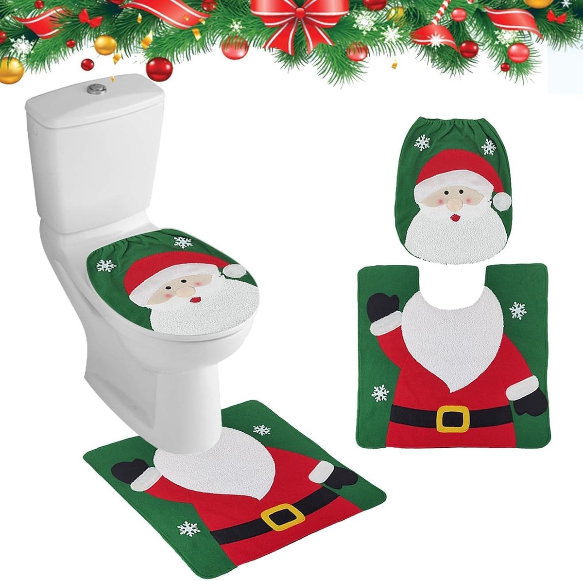 Kerst Toiletbril Dekbedovertrek Set met Kerstman, Sneeuwman en Elanden voor Badkamer, 2 Stuks, Decoratieve Toiletmat en Brilcover voor Feestdagen