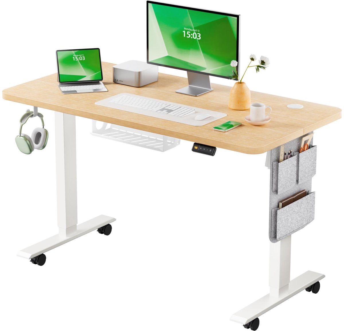 SnelShoppen - Elektrisch in Hoogte Verstelbaar Bureau 100 × 60 cm, Zit-Sta Bureau met Kabelgoot, Haken en Opbergvakken, Geheugenbesturing voor Thuiswe