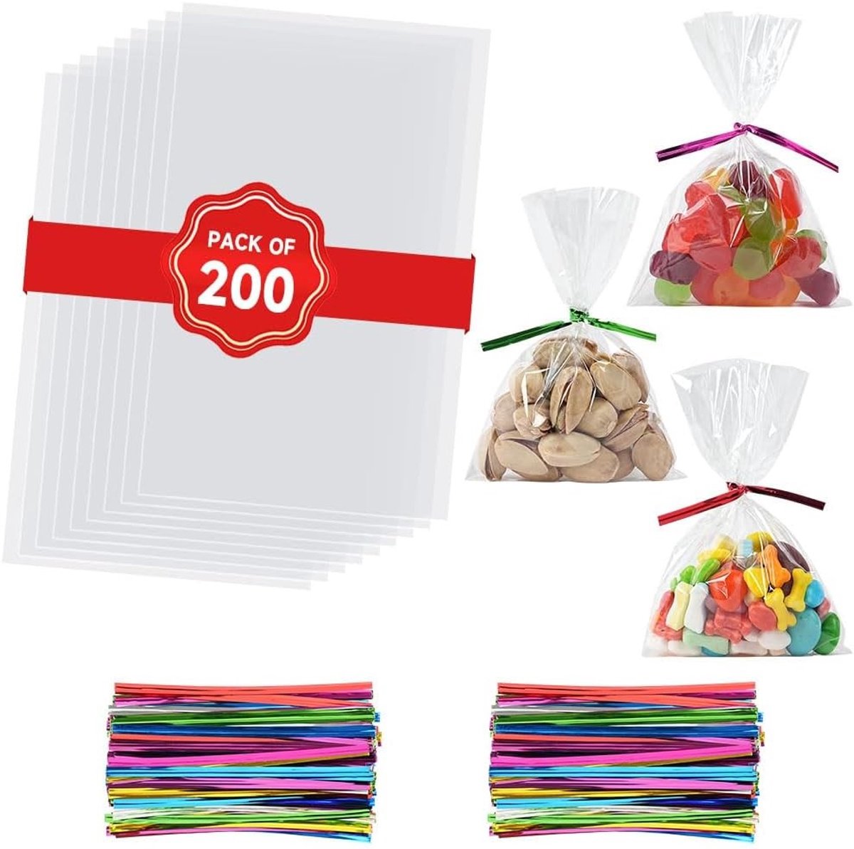 200 Transparante Zakjes 8 x 12 cm voor Verjaardagen - Plastic Snoepzakjes met 200 Draaibanden voor Koekjes, Chocolade en Snoepgoed
